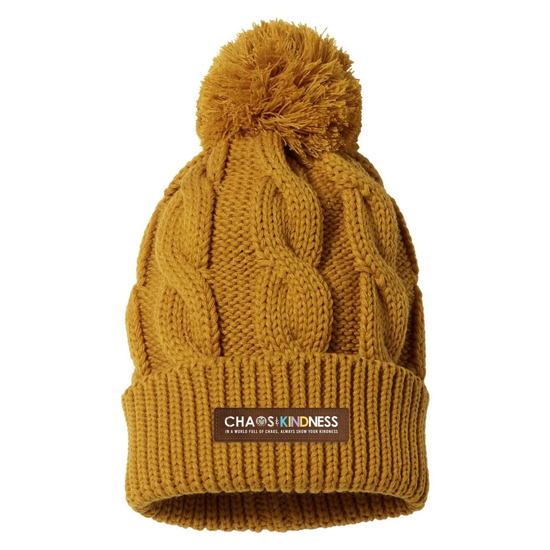 Oversized Slouchy Beanie for Women, Soft Acrylic Knit Winter Hat in Camel with Pom Pom and Chunky Cables, Oversized Size, Slouch Look