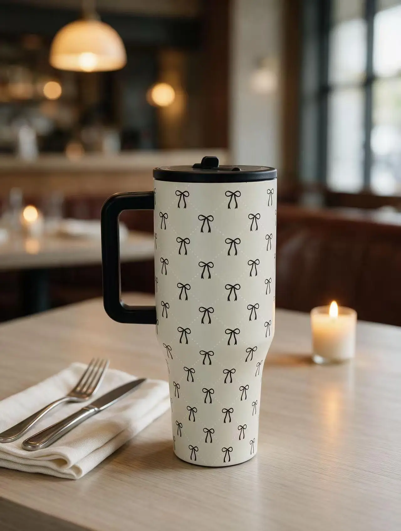 HydroJug 40 oz Neutral Beige Mini Black Bow Tie Print Insulated Mug, Black Handle, Non-Leak Insulated Stainless Steel Cup, 24-Hour Insulation; Fashionable water bottle, portable bottled water bottle, summer travel drinking cup