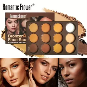 12-Color Matte Pressed Powder Bronzer Makeup & Face Sculptor Palette - Long-Lasting, Natural, Waterproof | Female Cosmetic for Face Trimming, Contouring & Concealing with Highlighter Powder