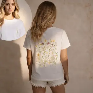 Tshirt,Shortsleeve,Ladies shirt,Crew neck,Fabric,Womenswear,Streetwear,Fun shirts,Casual tee,Cute tee,Chic tee,Basic white teeshirt Aesthetic shirts,Two side,Summer tee,Graphic tees women，Watercolor Wildflowers-49