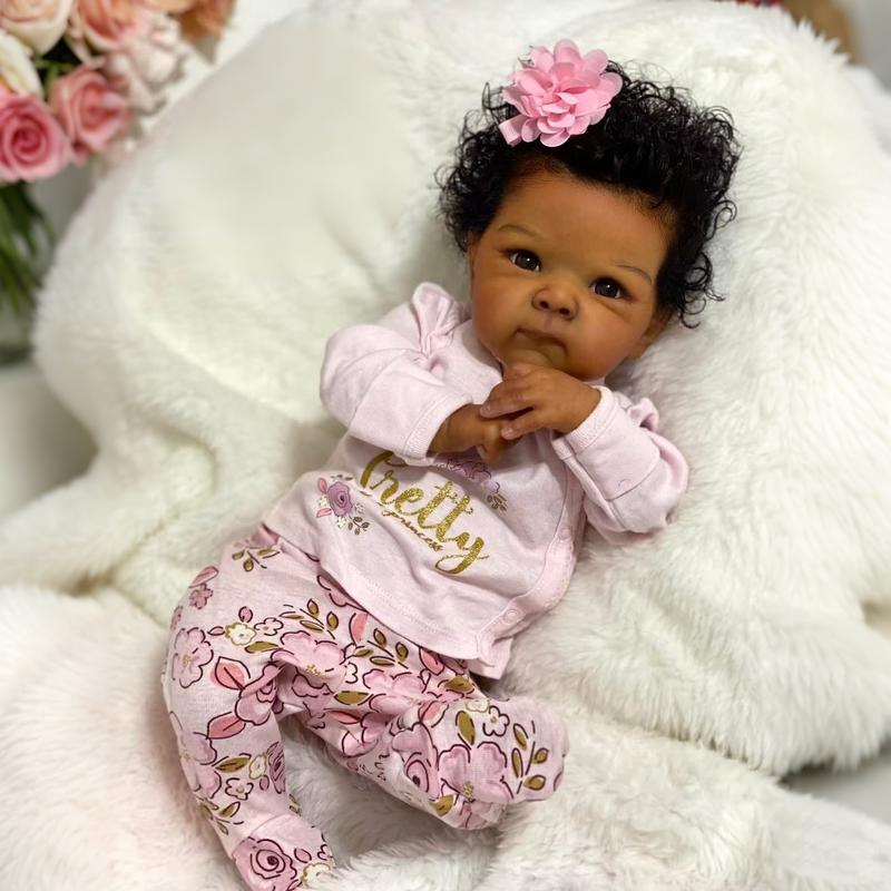 Lifelike Reborn Baby Dolls 18 inch 45 cm Sleeping Mixed Race Black Soft Cloth Body & Curls Realistic-Newborn Dolls African American Real Life Baby Washable Feeding Kit & Gift for Kids