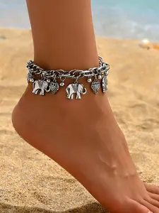 Women Elephant Heart Design Charm Anklet, Perfect Gift for Girlfriend, Boho Style Animal Decor Ankle Bracelet, Casual Alloy Jewelry