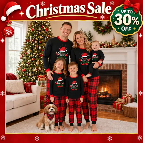 Matching Family Christmas Pajamas Sets Fitted Crewneck Long Sleeve Hat Print Top & Plaid Bottom, Family Squad Couples Pajamas for Pajama Party (Style 8008)