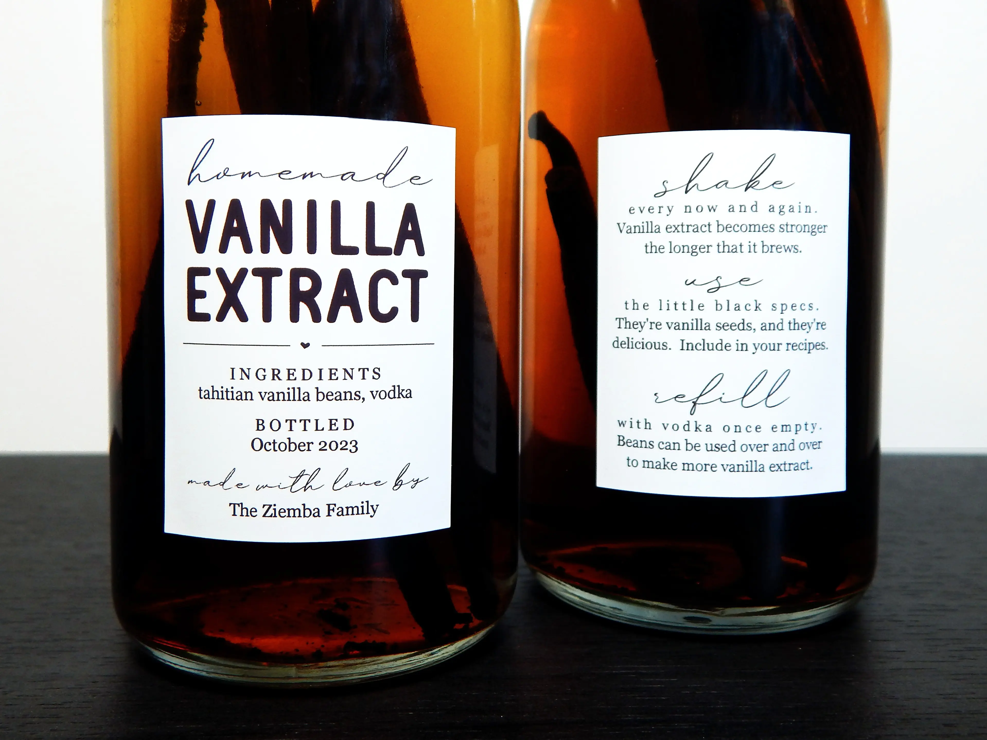 Homemade Vanilla Extract Labels with Instructions - Set of 18 Front and Back (36 in all) Personalized Gift Stickers - Water & Oil Resistant