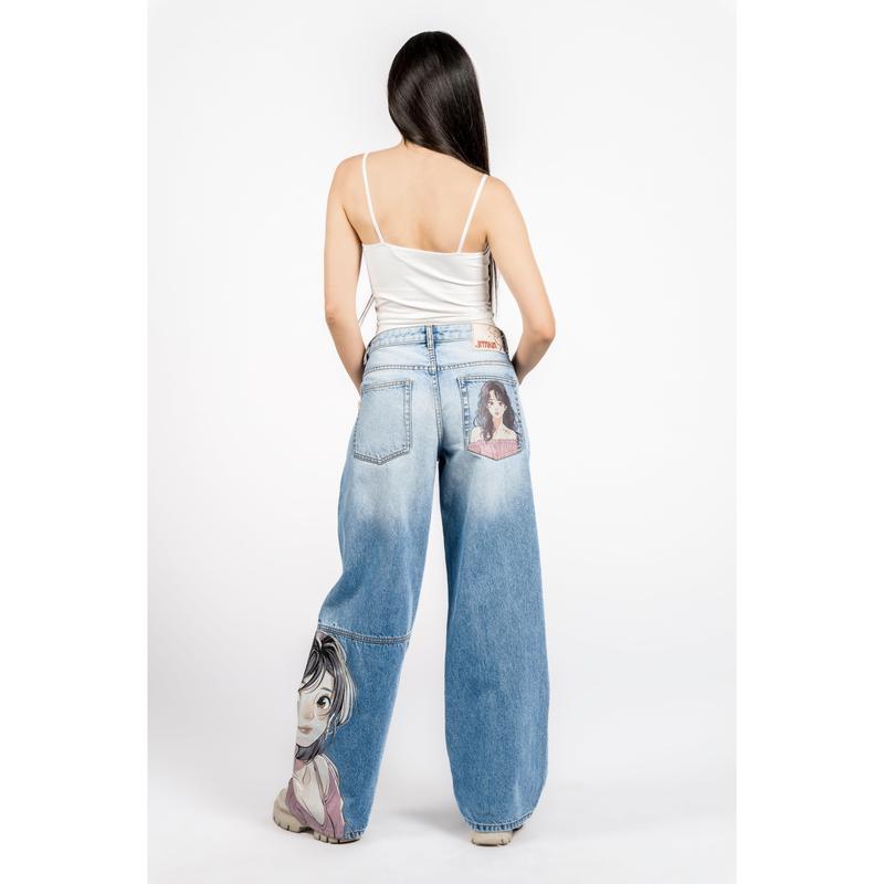 Navari Comfy Y2K Women's Denim Pants - Loose Fit, 5 Pockets, Zip Fly Closure, Light Wash, Anime Print, Comfortable & Stylish Bottoms for All Seasons
