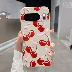 Rounded Edge Phone Case for Google Pixel 10 9 8 7 Pro A XL Cherry Bow Delight Pattern Pocket-Friendly Shockproof Liquid Silicone Protective Soft Smartphone Casing