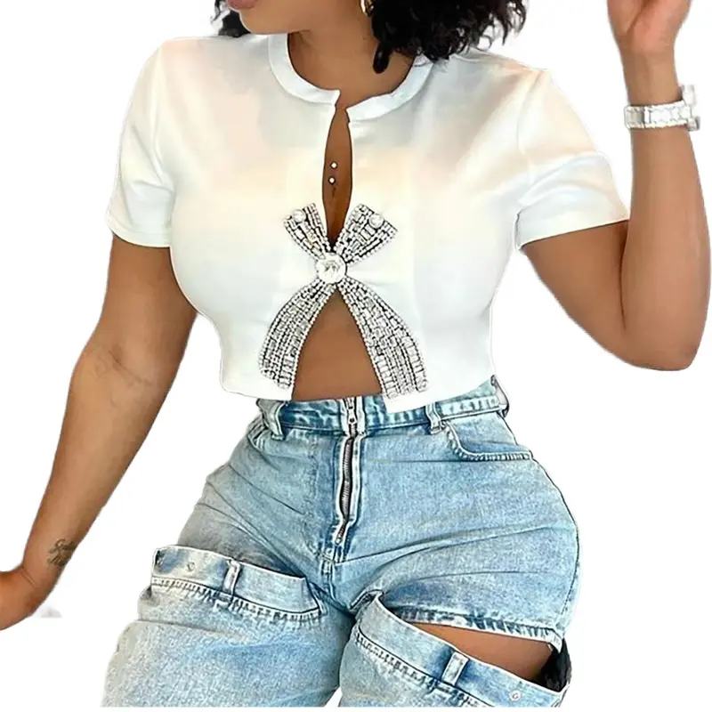 LYX-  Women's plain bow Shaped Rhinestone. Decor Notched Neck Split Hem Crop Tee. Fashion Casual Short sleeve for Daily Wear -LYD dramatic Graphic Tarot hot dog college outfit women coachella fit Cap Tank Tops Slim Fitted Color Block Tank Top orange