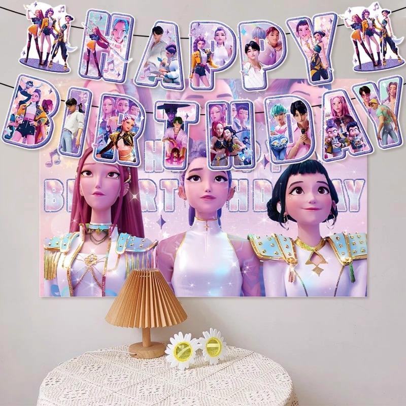 Kpop Demon Hunter Birthday Party Decoration Set – Anime-Inspired Backdrop Banner, Balloons & Cake Toppers | Cool K-Pop Theme Party Supplies for Fans, Kids & Teens, Perfect Gift for Demon Hunter Lovers