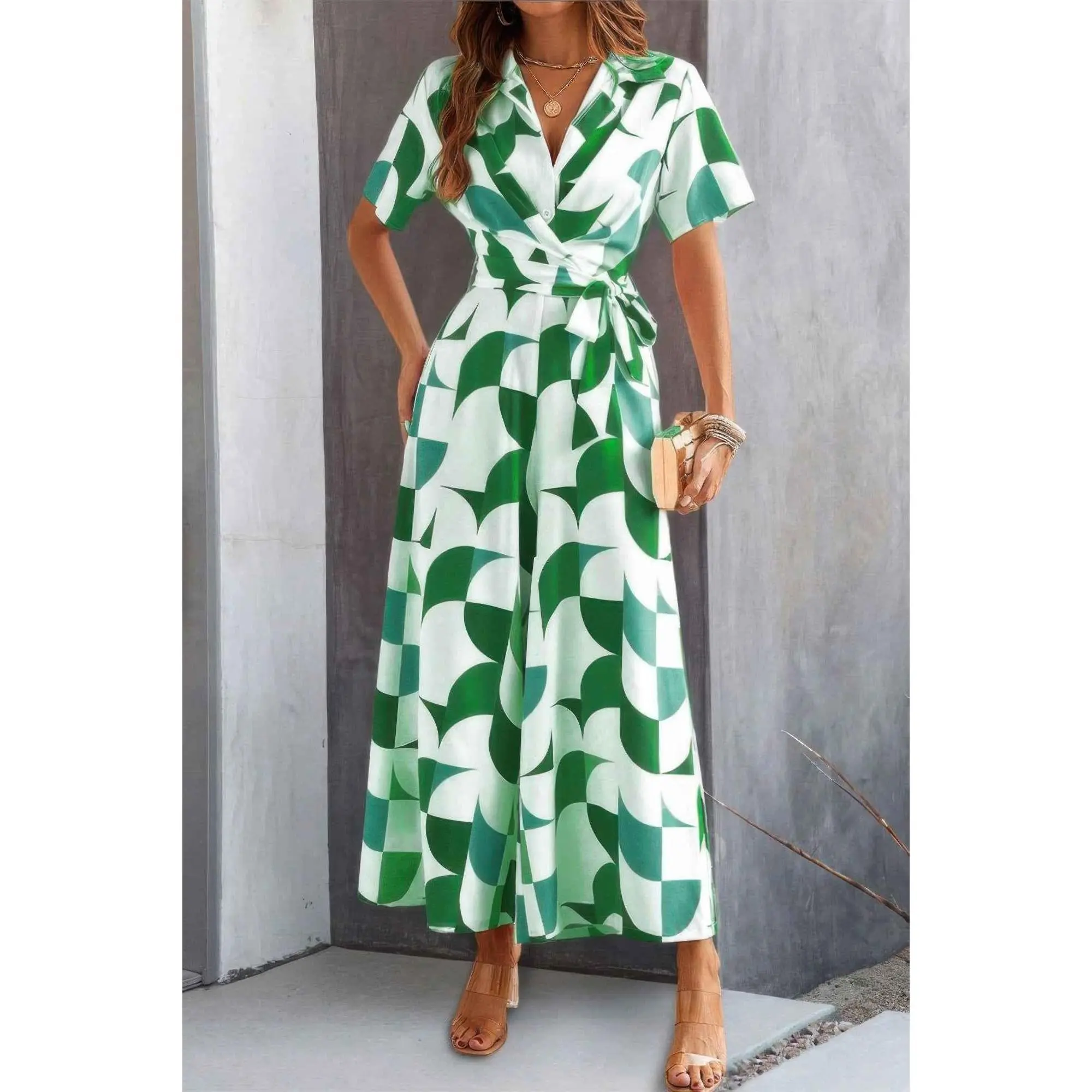 Women's Modest Islamic Geometric Bold Pattern Jumpsuit - Lightweight Polyester, Comfortable Full Length Casual Wide Leg, Button-Front, Belted, Essential Fit for Everyday & Evening Clothes