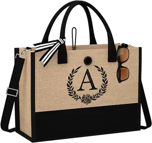 Initial Jute Beach Tote Bag with Strap and Pocket, Personalized Birthday Gift for Mom, Teacher, Friends, Bridesmaids