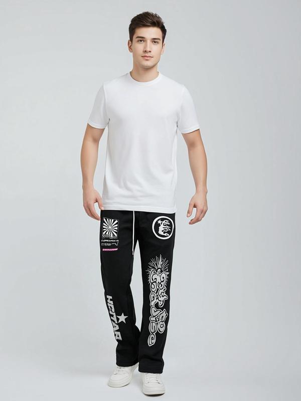 Men's Street Trendy Graffiti Hip Hop Long Pants Unique Design Comfortable Fit Black Color Versatile Casual Unisex Couple Style