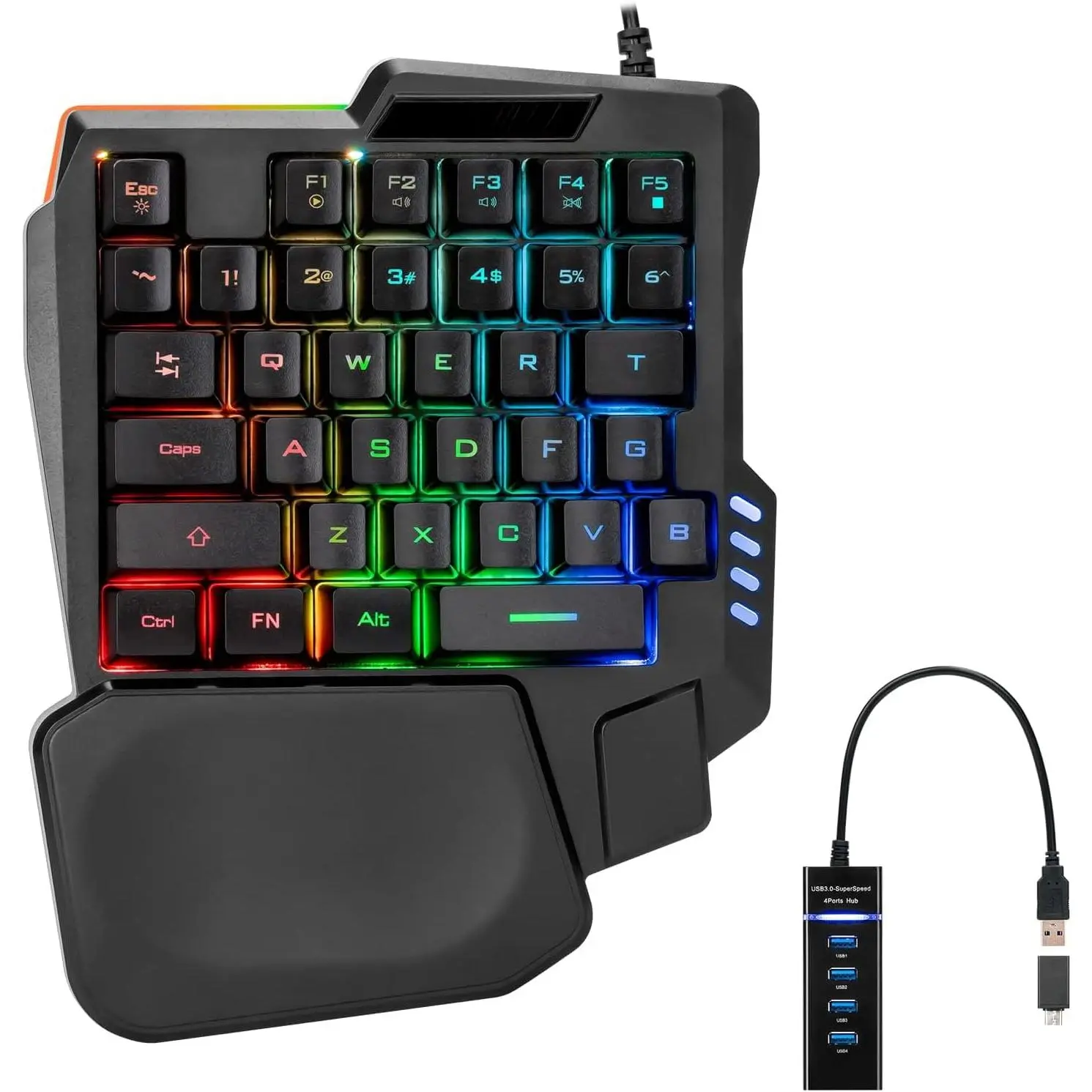 One Handed Gaming Keyboard, 35 Keys, Rainbow LED, Wired USB, Ergonomic with Wrist Rest, Mini Portable, PS4/PS5/Xbox/PC/Laptop Compatible