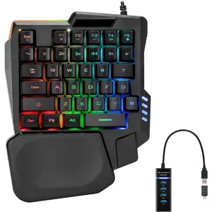 One Handed Gaming Keyboard, 35 Keys, Rainbow LED, Wired USB, Ergonomic with Wrist Rest, Mini Portable, PS4/PS5/Xbox/PC/Laptop Compatible