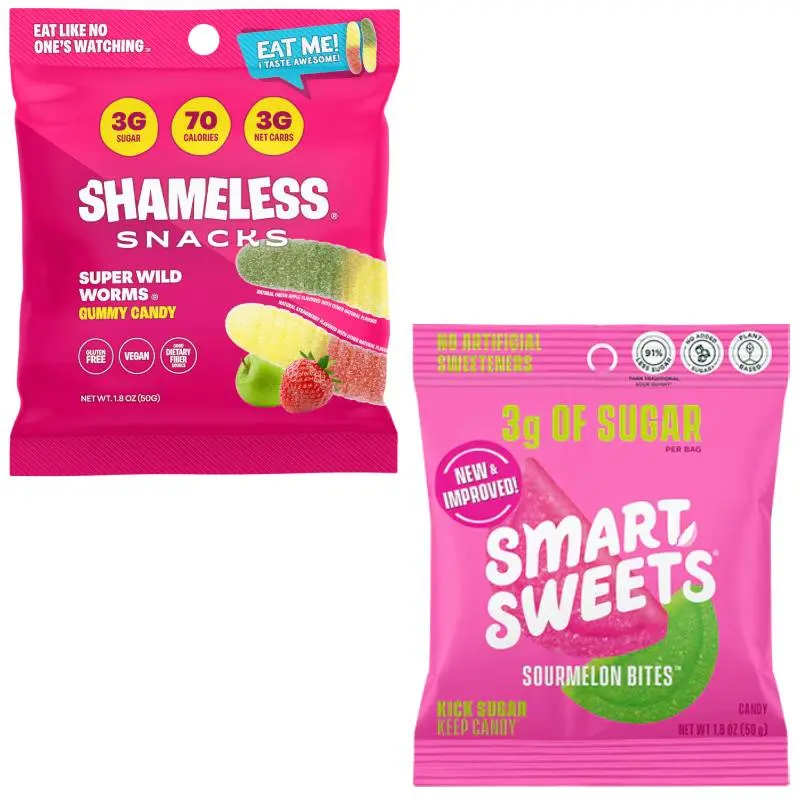 Shameless Snacks Super Wild Worms & SmartSweets Sour Melon Bites - 3g Sugar Per Bag - Low Sugar Gummy Duo Pack - High Flavor - 91% Less Sugar Than Traditional Candy - Natural Bonbon Snack