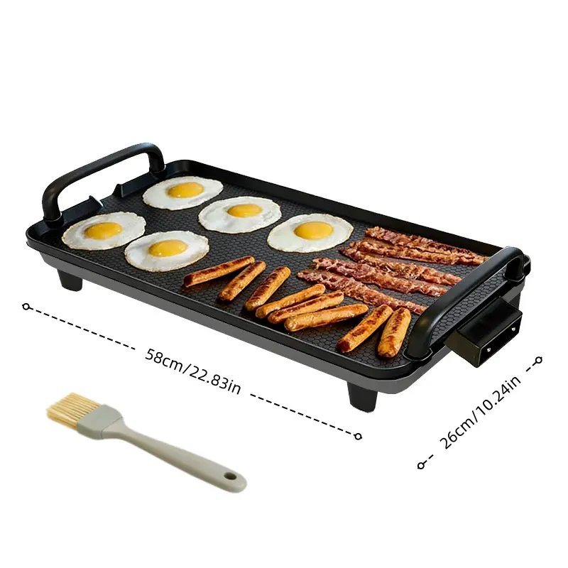 22-inch non-smoking electric grill pan, suitable for family gatherings; non-stick grill pan and rack combo with a non-stick coating; can simultaneously cook steak/oysters/kebabs; adjustable temperature; includes an oil collection tray.
