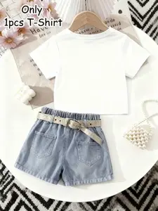 Girls' Single-Piece Casual Printed T-Shirt, Cartoon Heart Pattern, Comfortable Fabric, Short Sleeve, All Seasons, Outdoor Activities