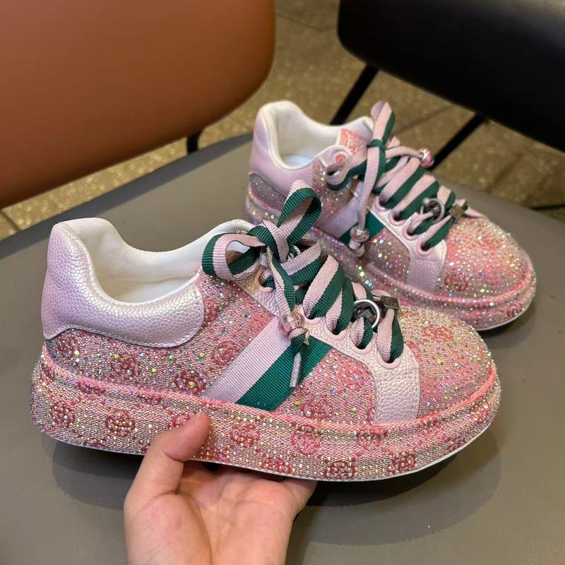 Glittery Pink Low - Top Sneakers for Women Women's Shiny Pink Platform Casual Shoes Stylish Pink Glitter Platform Women's Sneakers Girl Trainer Girl Girl Trainer Runner Athletic Training Footwear Closed Running