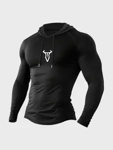 Men's Bull Logo Compression Workout Shirts Hooded Long Sleeve - Black Gym Workout Shirt with Hood Athletic Hoodie