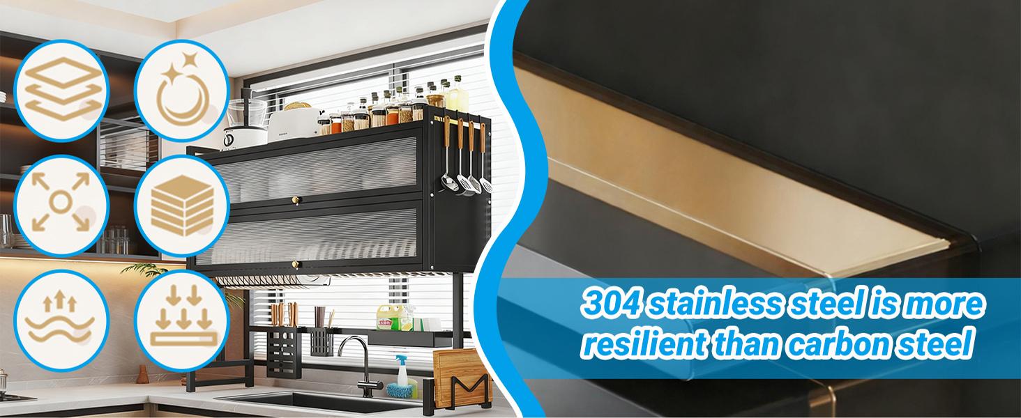 3-Tier Over Sink Dish Drying Rack with Dustproof Cover, Space-Saving Kitchen Storage Shelf, Rustproof Metal Organizer with Drain Tray, No-Drill Fit for 85cm Sink