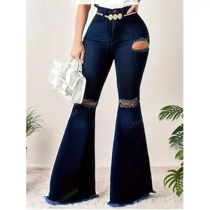 Women's Fashion Street Style Ripped Detail Button Decoration Flare Leg Jeans Fit Pants Bell Bottoms Trouser Denim Can be used with a raincoat