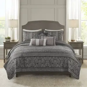 360 Stand 6-Piece Jacquard Weave Quilt Set - Full & Queen Sizes, Gray, Lavish Leaf Motif, Rich Texture, with Throw Pillows (includes full size)