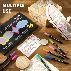 EpenGo 24 Colors Outline Markers, DIY Double Line Metallic for Artists | Self-outline shimmer markers with silver glitter effect, ideal for greeting card making, DIY crafting and art supplies