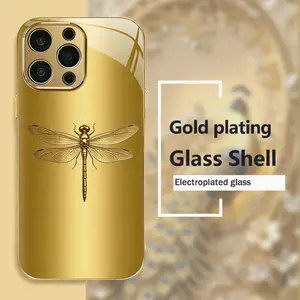 3D Gold Dragonfly Mobile Phone Case - Electroplated Glass Casing, Exquisite Texture, High-End Light Luxury Protection, Tempered Glass Screen Protector Cover, Mobile Phone Accessory for iPhone 11,12,13,14,15,16,17 Plus Pro Max Devices