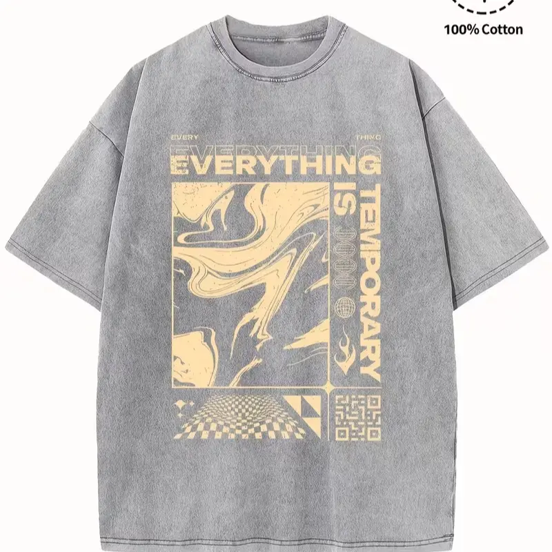Everything Is Temporary Oversized Washed Tee - Y2K Grunge Streetwear,summervibes Graphic Beige summerwins,summerwins,summeroutfits,vacationoutfits,beachoutfits Menswear Relaxed Fit