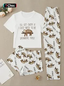 Three-Piece Set Women's Cute Cartoon Sloth Print Tee & Shorts & Pants Pyjama Set, Casual Comfy Crew Neck T-Shirt & Shorts & Trousers PJ Set, Summer Clothes Women, Summer Outfits 2024, Pajamas Lounge Set