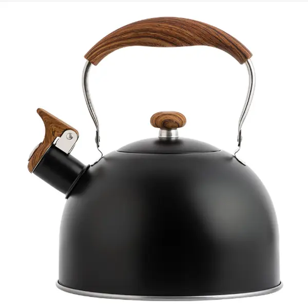 2.5L Insulated Stainless Steel Metal Whistling Tea Kettle - Induction-Compatible, Folding Wooden Handle, Silicone Components for Easy Pouring, Black Kitchen Kettle