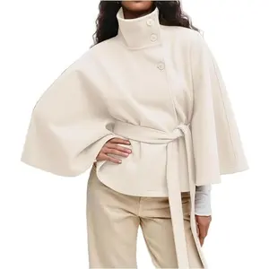 Women's Batwing Sleeve Poncho Coat Oversized Winter Pea Coat Stand Collar Cropped Cape Jacket with Belt
