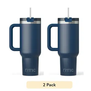 RTIC 40 oz Ceramic Lined Road Trip Tumbler with Straw and Leak Resistant Lid, Navy Portable Insulated Drink Cup with Double Wall Stainless Steel Construction for Travel, Commute, Gym and Outdoor Activities, Set of 2