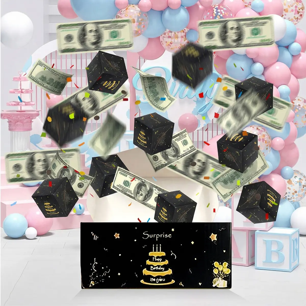 Black Gold Birthday Explosion Gift Box, 20 Pop-Up Bounce Boxes with Gift Bag, DIY Surprise Box for Men Women Kids Party，Father's Day surprise