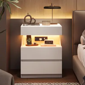 Modern Smart White Bedside Table with App-Controlled LED Lights - 3 Drawers - U-Shape Open Shelf - Built-in Charging Station - USB Ports & AC Outlets - Bedroom Furniture Set