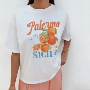 Women's Oversized Palermo Sicily Orange Graphic T-Shirt Short Sleeve Tee Vintage Italian Fruit Print Casual Streetwear Tops for Summer Travel Fans