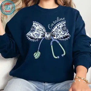 Custom Coquette Nurse Sweatshirt Stethoscope Bow Hoodie Gift Personalized Gift for Nurses Nursing School Shirt Gift for Healthcare