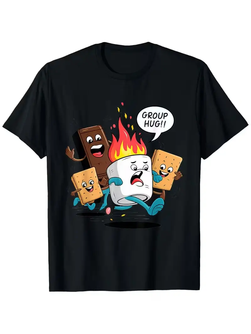Kids S'mores Campfire Group Hug Cartoon Graphic T-Shirt, Funny Marshmallow Chocolate Graham Cracker Crew Neck Short Sleeve Tee For Boys Girls Summer Camping Outdoor Party Gift