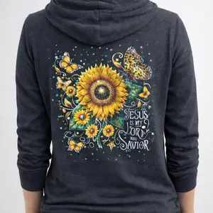 Lightweight medium women’s hoodie with sunflower design and AB embellishments