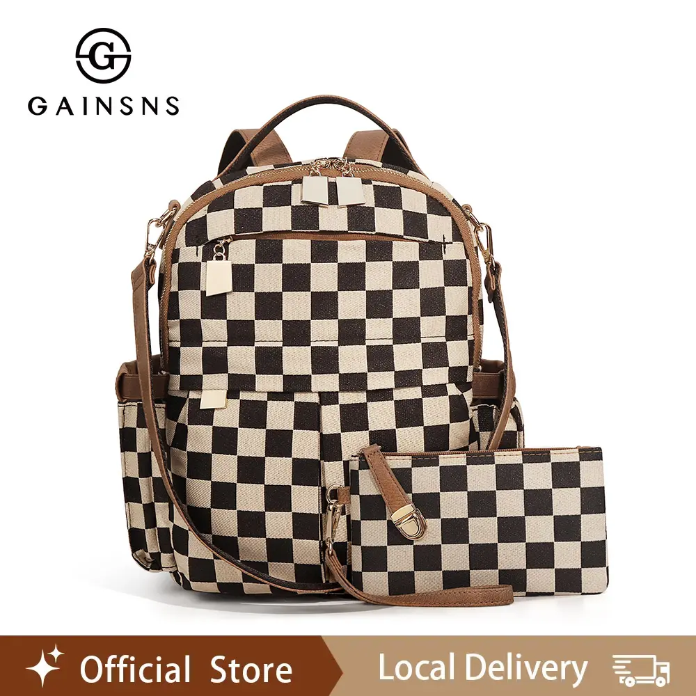 GAINSNS Checkered Plaid Backpack for Women 2026 Large Capacity Travel Essentials Set with Wallet, Casual Trendy Versatile High-quality Daily Commuting Bag for Daily Used, Checkered Shoulder Bag for Women