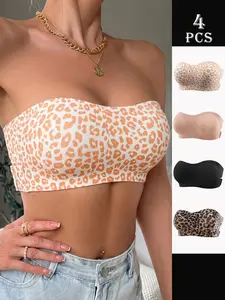 Women's Backless Bralette Set, Leopard & Solid Colors, Adjustable Straps, Crisscross Buckle Design, Comfortable Detachable Pads, Underwear, Detachable Padded Bra
