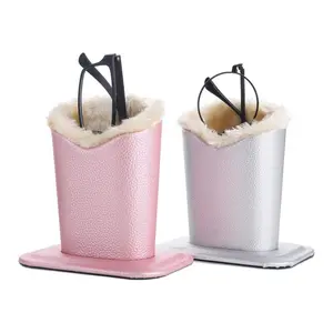 Eyeglass Holders, PU Leather Eyeglass Holder Stands with Soft Plush Lining, Silver - Pink (2 Pack)
