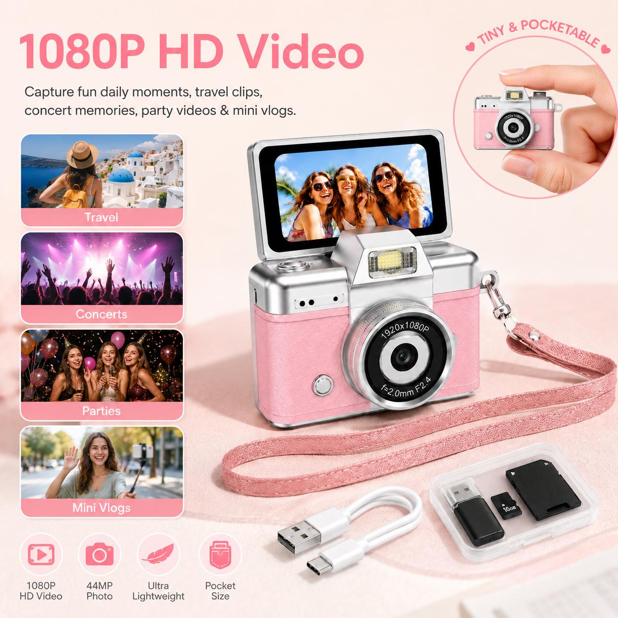 Y2K Mini Keychain Digital Camera, Cute Pocket-Size HD Camera with Flash, 0.96" Screen, 16G Card & Charging Cable Included, Retro Vlog Camera for Travel, Concerts, Parties & Everyday Fun, Portable Digital Camera, Led Display Screen