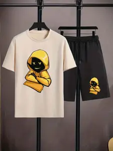 2 Piece Set Men's Cartoon Figure Print Shorts Set, Regular Fit Casual Streetwear Crew Neck Short Sleeve T-shirt & Pocket Drawstring Shorts, Men's Summer Outfits