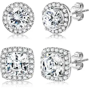 Jstyle 2 Pairs Stud Earrings 925 Sterling Silver Cubic Zirconia Stud Earrings Set for Women Men Daily