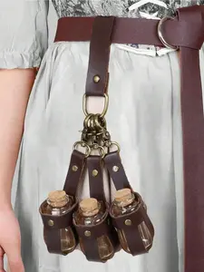 Medieval alchemy faux leather three-piece cork potion bottle set, fantasy waist bag/side bag, Viking cosplay accessory, with belt loop, Renaissance witch prop, magic potion bottle