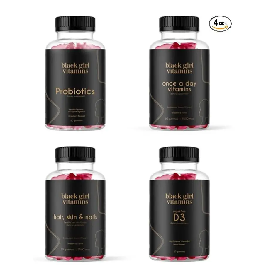 Black Girl Vitamins Gummies Collection – Multivitamin, Probiotic, Hair Skin & Nails or Vitamin D3, Strawberry Flavor, Select Option