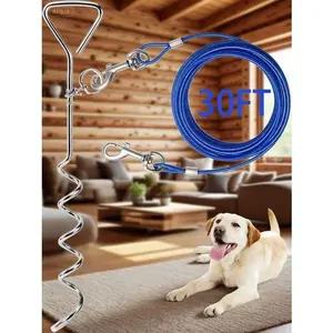 Heavy Duty Outdoor Dog Leash with Spiral Stake, 30FT Tangle-Free Cable for Camping and Yard, Rust-Resistant Tie Out Chain for Medium-Large Dogs Up to 125 lbs, Durable Blue Leash for Secure Playtime two  dogs  one  leash quick  control  leash flexi  leash