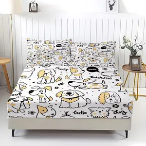 3Pcs Cute Cartoon Dog Print Fitted Sheet Set No Fillers, Whimsical Puppy Pattern Bed Sheet Set, Hand-Drawn Simple Drawings Bedding Set with Pillowcases, Deep Pocket Bedding for Kids & Dog Lovers Bedroom Decor