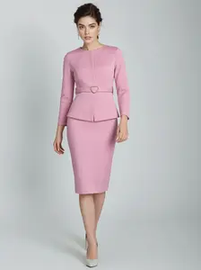 D599 Chic Blush Pink 2-Piece Blazer Dress Set Long Sleeve Peplum Waist Bodycon Skirt Suit with Heart Buckle Belt for Work Office Cocktail Party Formal Wear Elegant Workwear Womenswear Solid Style