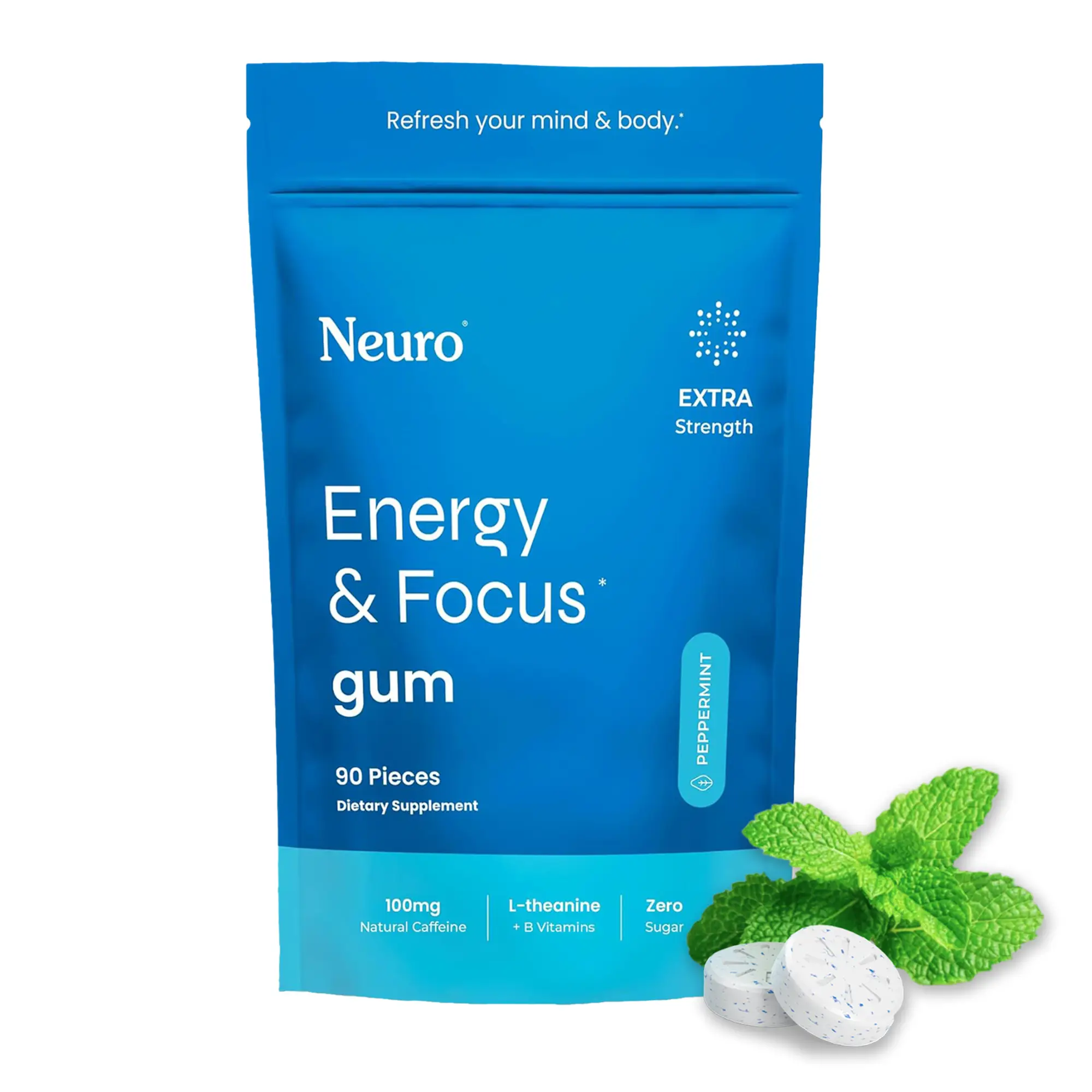 Neuro Extra Strength Energy Caffeine Gum/Mints for Energy & Focus (90 Pieces) - Sugar-Free with L-theanine, Caffeine, Vitamin B12 & Vitamin B6 - Peppe